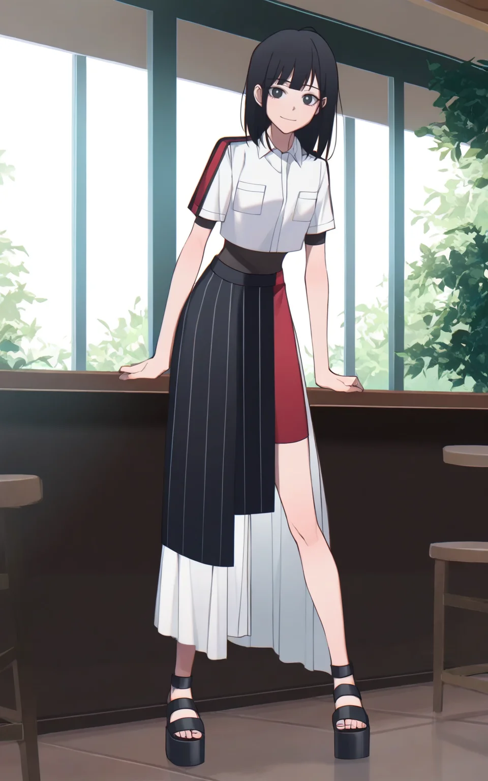 masterpiece, detailed, 1girl, solo, ilqiaoling, madamecaf outfit, black hair, medium hair, bangs, black eyes, shirt, collared shirt, short sleeves, breast pocket, hongqheiq lower body cloth, sandals, platform footwear, standing, (full body), indoors, day, cafe, smile, looking at viewer, <lora:qiaoling_IL:0.7>