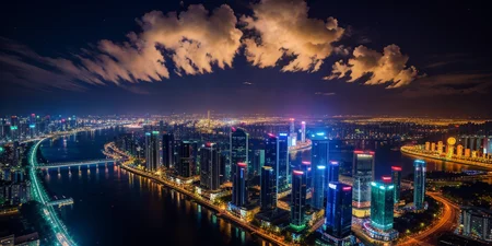 Guangzhou City,City Night View,A bustling city,Urban background,(City Night View:1.1),neon lights,moonlightfield,village,stadium,flower field,day,sun,sky,cloud,historic building