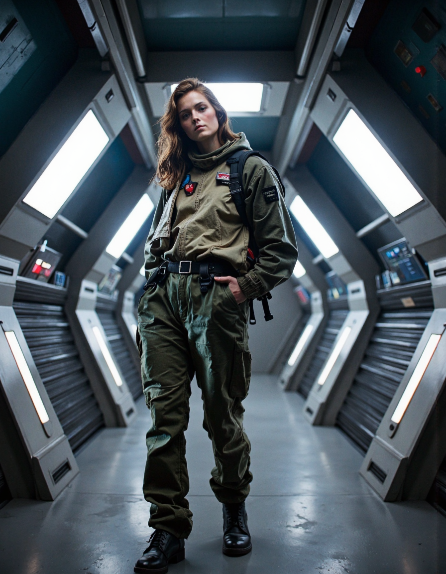 nostromo style woman wearing spacesuit, in a spaceship hallway,
extremely detailed,