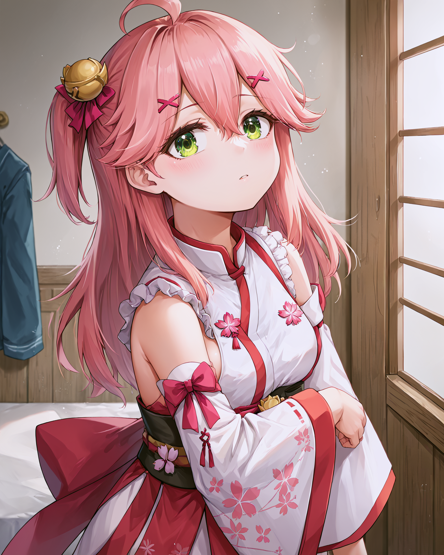 <lora:3_Style_Art_Arata_XL:0.8>  <lora:HOLOLIVE_Miko_Sakura_XL:0.7> sakura miko, 1girl, pink hair, ahoge, green eyes, miko1, x hair ornament, single thighhigh, sideboob, hairclip, hair bell, floral print, long hair, hair between eyes, one side up, wide sleeves, upper body,, <lora:9_Detail_Tweaker_XL:0.8>, score_9, score_8_up, score_7_up, source_anime, masterpiece, best quality, highly detailed background, cinematic lighting, detailed eyes, perfect face,, lazy, teenager room, messy, bedroom, bed sheet, closet,