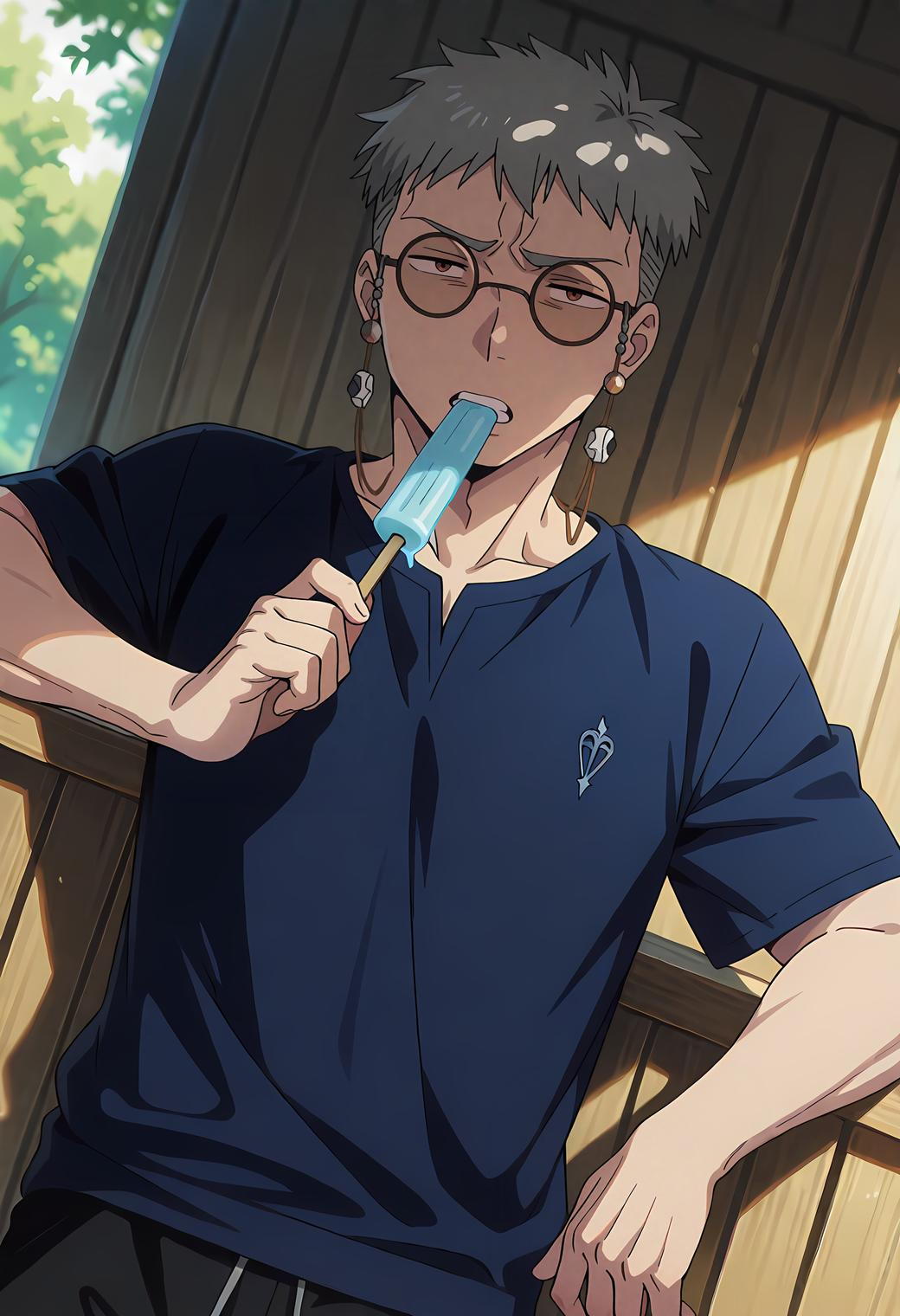 <lora:Fujimoto_Shiro_Blue_Exorcist__Ao_No_Exorcist__éã®ç¥é­å¸«:1>,fsh1r0,gray_fsh1r0_sh1r0_hair,red_fsh1r0_eyes,1boy,male focus,solo,undercut,
fsh1r0_round_glasses,
looking at viewer,popsicle in mouth,teeth,holding popsicle,facing viewer,
furrowed brow,cowboy shot,in shade,arm rest,
dutch angle,depth of field,
masterpiece,very awa,best quality,amazing quality,absurdres,absurd res,hires,highres