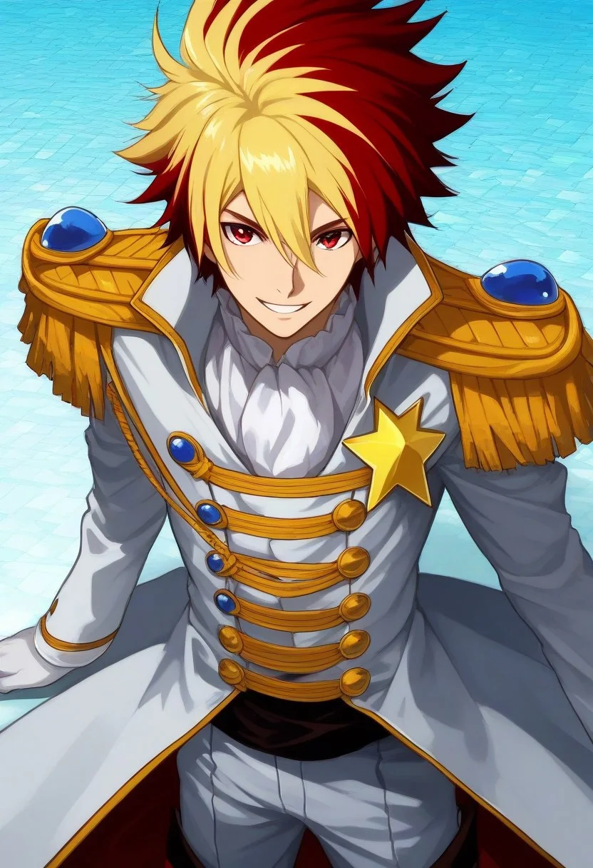 ((masterpiece)), ((best quality)), ((ultra-detailed)), ((absurdres)), score_9_up, score_8_up, score_7_up,
HD, top quality, best quality, amazing quality, High-quality illustrations, anime screencap, source_anime, best aesthetic, perfect proportions, perfect eyes, 1boy, 1male, solo boy, solo male, male focus, solo male focus, Anime, boy, male anime character, anime boy, handsome, cute, charming, sexy, Takuto Tsunashi Ginga Bishounen, multicolored hair, two-tone hair, red eyes, white royal uniform, gloves, long tailcoat suit, star symbol, thigh boots, ((cowboy shot, head to hips shot)), ((smile, proud expression)), ((sparkling background)), easynegative, updn, Expressiveh, masterpiece, best quality, very aesthetic, absurdres