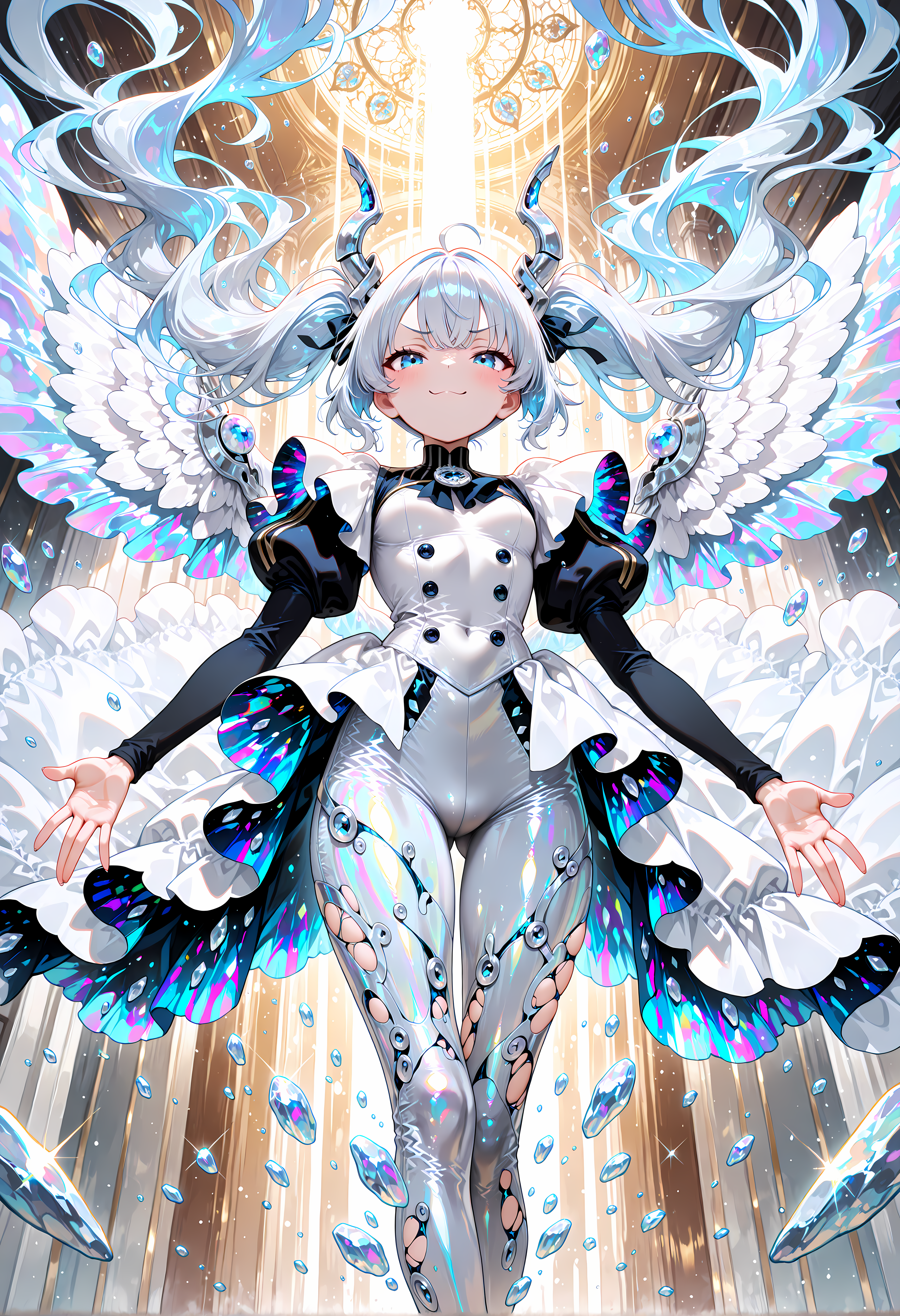 (Fractals made of silver blue, shining like me), dynamic pose, smug, 
