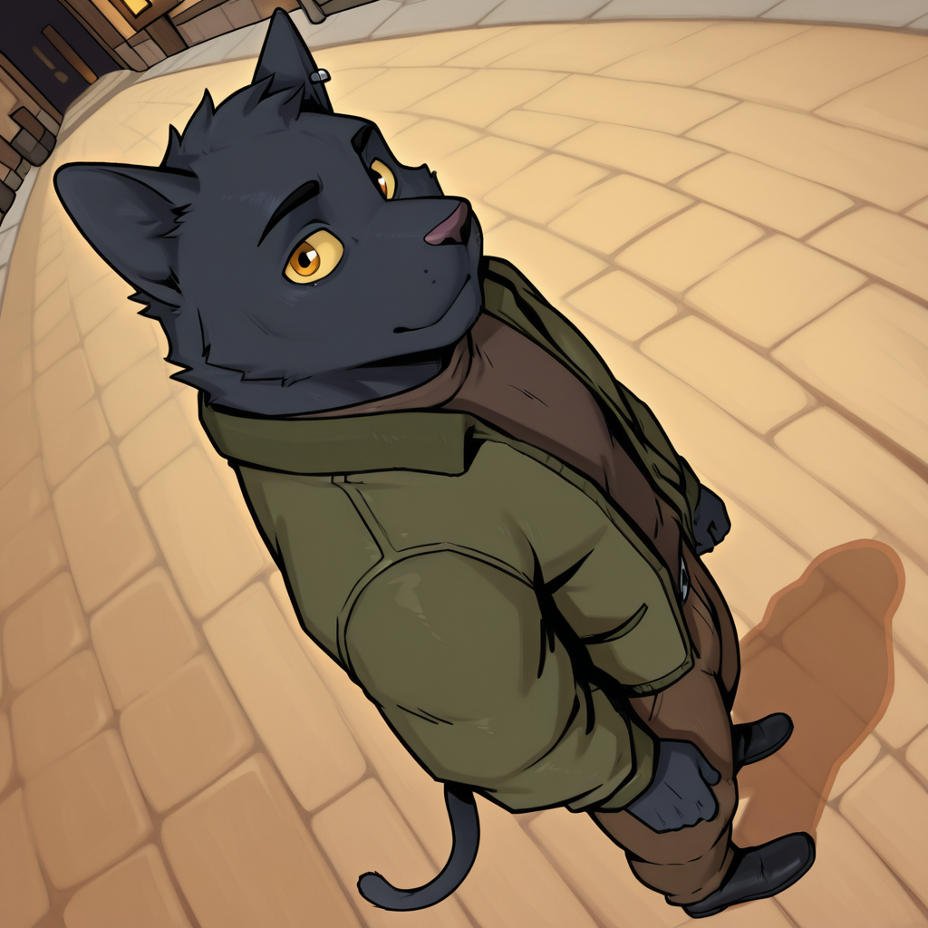 Furry, male, solo, cat, cat boy, black cat, tail, ear piercing, yellow sclera, yellow eyes, green jacket, open jacket, brown pants, medieval town, street, medieval town background, looking at viewer, dynamic angle, dutch angle, dynamic pose, view from above, view from side, detailed eyes, nice eyes, masterpiece, best quality, amazing quality, very aesthetic, highres, absurdres, detailed background, tomasz <lora:Tomasz_Tyszko:1>