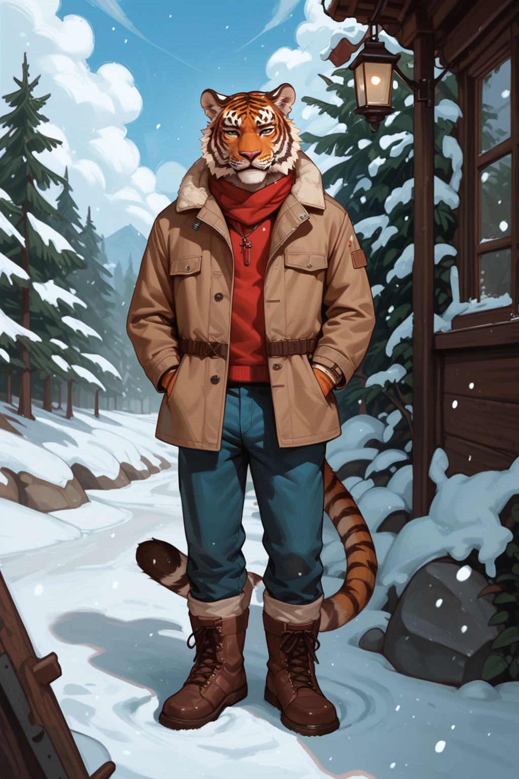 snow, outdoors, tiger tail, furry, solo, tree, pants, standing, tiger ears, tiger boy, winter, brown footwear, tail, boots, rock, male focus, tiger, pocket, animal ears, 1boy, sky, snowing, coat, full body, furry male, day, orange fur, jacket, winter clothes, looking at viewer, long sleeves, gloves, bare tree, blue pants, tiger girl, blue sky, tiger stripes, zPDXL3, detailxl,  Score_PnyReal