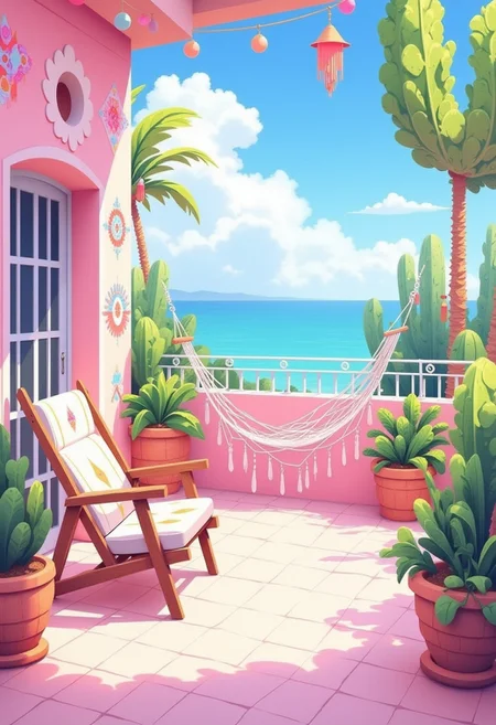 anime, 2d illustration, A pink and white boho-style terrace with ocean view, with cacti, wooden furniture, and a hammock. A pastel mural adorns the wall, featuring bohemian patterns and colors in shades of pink, green, blue, purple, and orange. In the background, a cactus garden can be seen on a sunny day, creating a cozy atmosphere perfect for an Instagram post.