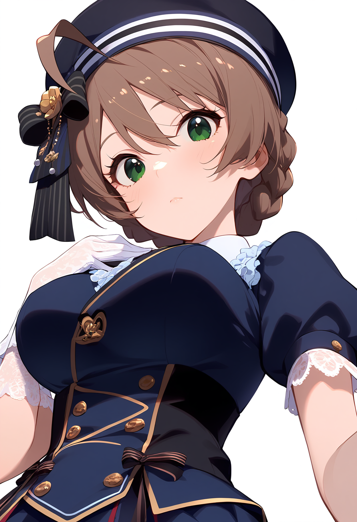 1girl,
sakuramori kaori,


ahoge, braid, blush, blue dress, lace, simple background, hair ornament, breasts, from below, lace gloves, gloves, closed mouth, hat, light brown hair, lace-trimmed headwear, frills, looking at viewer, black ribbon, short sleeves, white gloves, puffy sleeves, ribbon, frilled hat, lace trim, solo, short hair, green eyes, upper body, hat ribbon, white background, large breasts, puffy short sleeves, dress, hand on own chest,

sfw
<lora:a31_char_new_sakuramori_kaori-000018:1> <lora:a31_style_koni-000010:0.8>