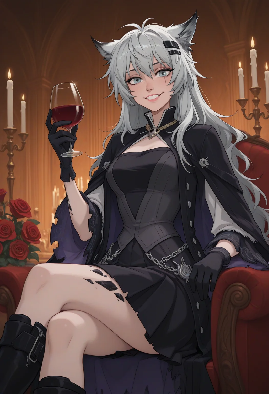 Disney_Il5.0, (lappland_(refined_horrormare)_(arknights)), 1girl,solo,long hair,looking at viewer,smile,bangs,blue eyes,skirt,shirt,hair ornament,gloves,long sleeves,dress,holding,animal ears,sitting,white shirt,flower,grey hair,boots,parted lips,open clothes,black gloves,hairclip,indoors,hand up,wide sleeves,black skirt,black footwear,grin,black dress,official alternate costume,coat,feet out of frame,rose,wolf ears,knee boots,crossed legs,red flower, holding cup, alcohol,drinking glass,open coat,black coat,red rose,scar across eye,candle,wine glass,wine,oripathy lesion (arknights),candlestand,lappland infection_monitor_(arknights), (masterpiece, best quality), dim light, cinematic shot, absurdres, HD, 8k, beautiful, detailed, sharp, cinematic lighting, highest quality, ((perfect face, very deep eyes)), Milf, mature female, masterpiece, best quality, ultra-detailed, official art, latest, very awa, very aesthetic, detailed shading, (detailed background, complex background), amazing quality, intricate, hyper-detailed, excellent, latest,