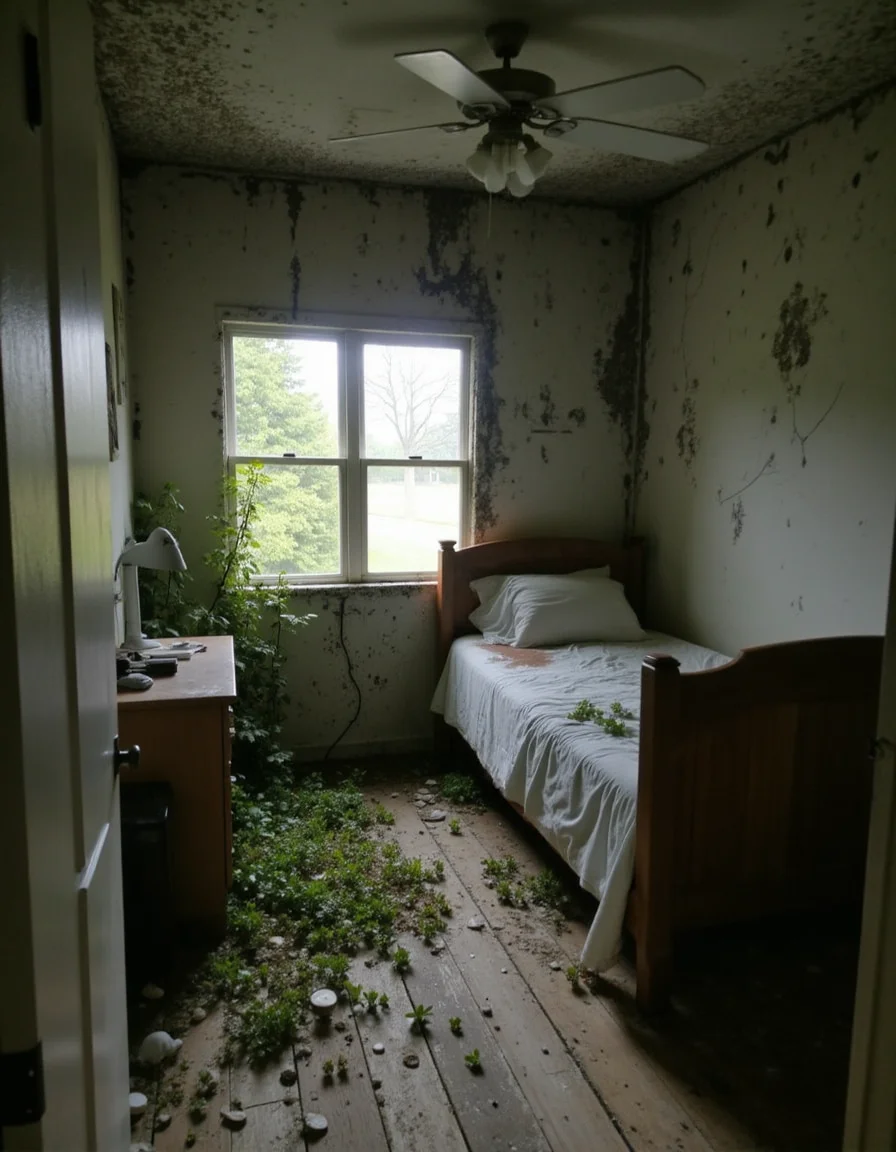 photo of a abadoned bedroom, broken window, bed, extreme mold, trashed, moldy walls, mushrooms and plants grows from the wood flooring, sunlight coming through the window, filthy air, <lora:Eeriephotosflux:1> low quality, grainy, flash photo, messy bed, stained sheets,