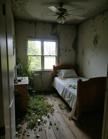 photo of a abadoned bedroom, broken window, bed, extreme mold, trashed, moldy walls, mushrooms and plants grows from the wood flooring, sunlight coming through the window, filthy air,  <lora:Eeriephotosflux:1> low quality, grainy, flash photo, messy bed, stained sheets,