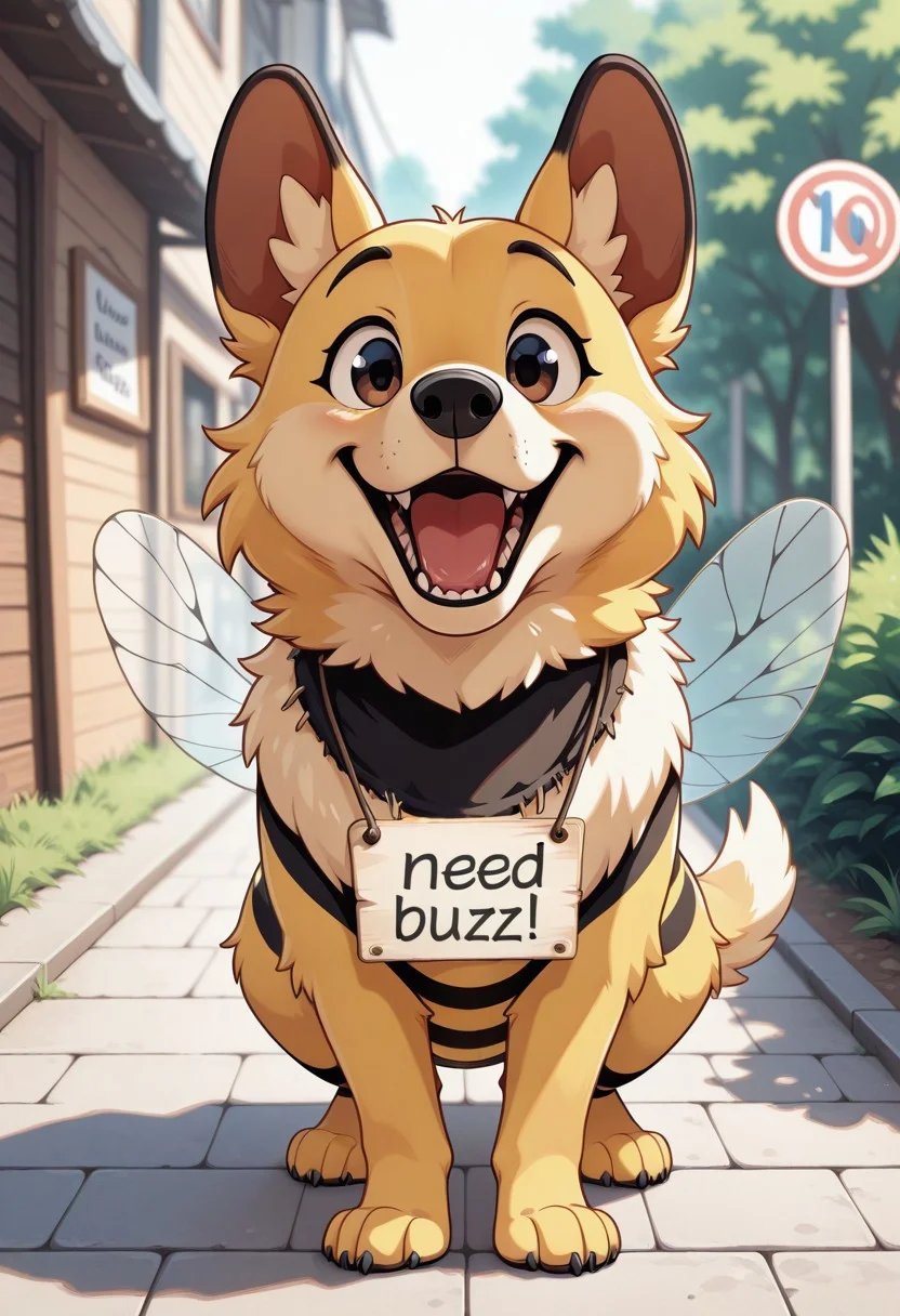 general, dog, looking at viewer, smile, open mouth, bee outfit, need_buzz, sign necklace, outdoors, masterpiece, best quality, amazing quality