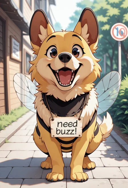 general, dog, looking at viewer, smile, open mouth, bee outfit, need_buzz, sign necklace, outdoors, masterpiece, best quality, amazing quality