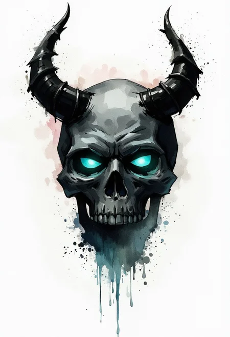 Watercolor painting of a negative colored paintsplash of a skull with demonwings, glowing turquoise eyes are visible. Dark