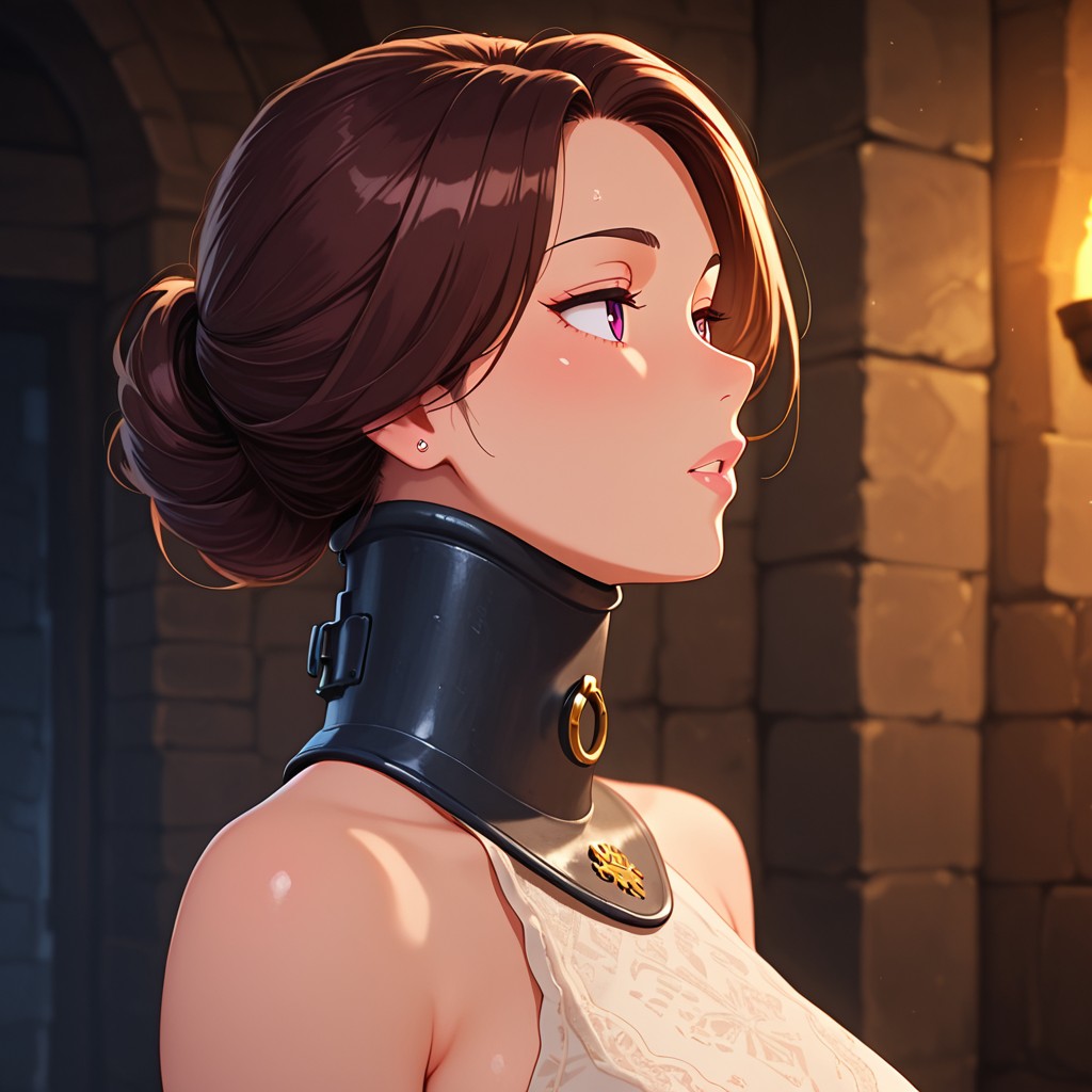 masterpiece, best quality, amazing quality, 1girl, 40 yo brunette MILF, submissive, posture collar, bare shoulders, seen from side, medieval dungeon <lora:Posture Collar_epoch_12:1>