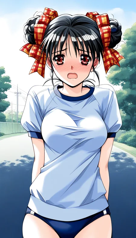 score_9, score_8_up, score_7_up, source_anime, rating_explicit, BREAK  <lora:Narusawa_Yui_XL:1> NarusawaYui, black hair, double bun, hair ribbon, plaid ribbon, medium breasts, red eyes, 
dark blue buruma, blush, white gym uniform, open mouth, cowboy Shot,
full-face blush, sad, outdoor, sky,
open mouth,
1990s (style)