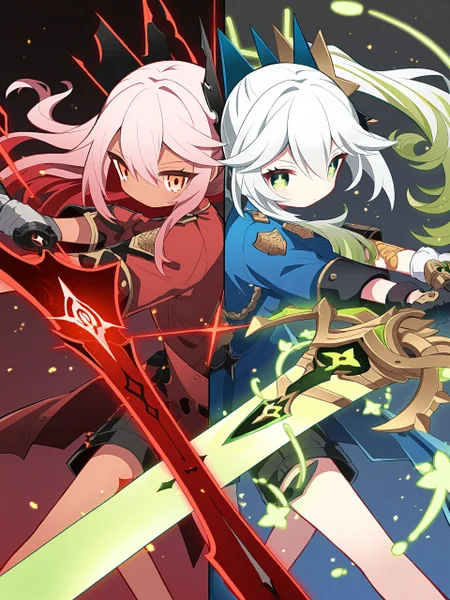 <lora:zzz3d_vpred:0.8>,
eguchi saan, <lora:eguchi_saan_Style_for_illustriousXL:0.8>,
Nahida（Genshin Impact），chloe von einzbern(fate）{{split theme}}, {{{{{symmetry}}}}},Two girls, shooting bows and arrows,back-to-back, film angle,  cowboy shot, looking at viewer, red hair, white hair, uniform, pose, {{holding sword}}, fighting stance, grey background, strong visual impact, blue, red, energy, light particle, strong air flow, floating hair, close up, best quality, amazing quality, very aesthetic, absurdres,