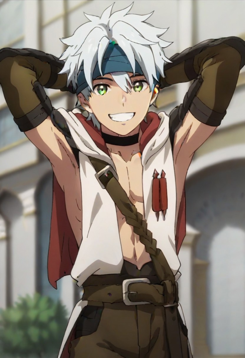 ((masterpiece)), ((best quality)), ((ultra-detailed)), score_9_up, score_8_up, score_7_up, HD, top quality, best quality, High-quality illustrations, anime screencap, perfect anatomy, 1male, 1boy, solo male, male focus, anime, anime boy, male anime character, handsome, attractive, cute, Aram, white hair, green eyes, blue headband, long sleeveless white hoodie, tailcoat, black choker, long arm guards, brown pants, smiling, big smile with teeth, happy, arms behind head pose, exposed armpits, showing armpits, front view, front shot, facing front, view from front
