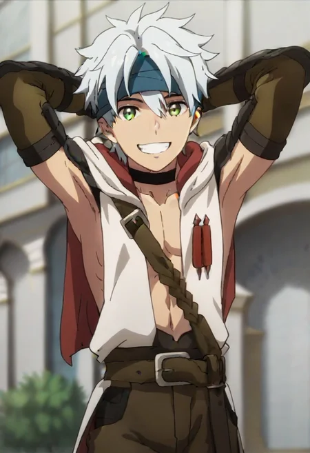 ((masterpiece)), ((best quality)), ((ultra-detailed)), score_9_up, score_8_up, score_7_up, HD, top quality, best quality, High-quality illustrations, anime screencap, perfect anatomy, 1male, 1boy, solo male, male focus, anime, anime boy, male anime character, handsome, attractive, cute, Aram, white hair, green eyes, blue headband, long sleeveless white hoodie, tailcoat, black choker, long arm guards, brown pants, smiling, big smile with teeth, happy, arms behind head pose, exposed armpits, showing armpits, front view, front shot, facing front, view from front