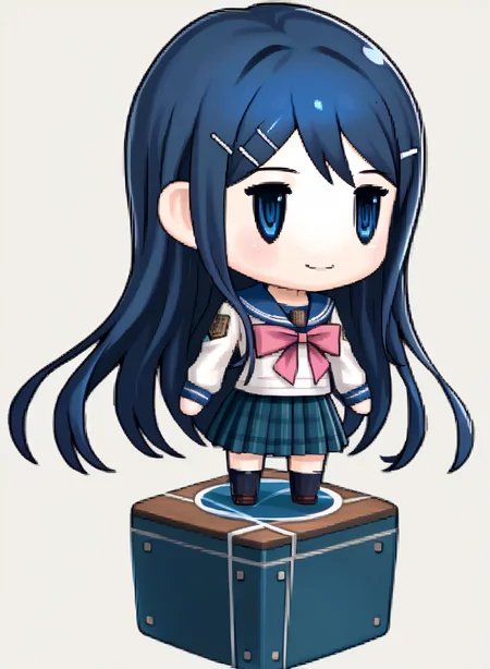 score_9, score_7_up, source_anime, solo, 1girl, smile, <lora:zs_PictlogicaStyleXL:1> ffpictlogicastyle, chibi, full body, faux figurine, <lora:SayakaDR-pdxl:1> defSaya, long hair, hairclip, school uniform, white shirt, sailor collar, pink bow, long sleeves, serafuku, plaid skirt, pleated skirt, black thighhighs, brown shoes