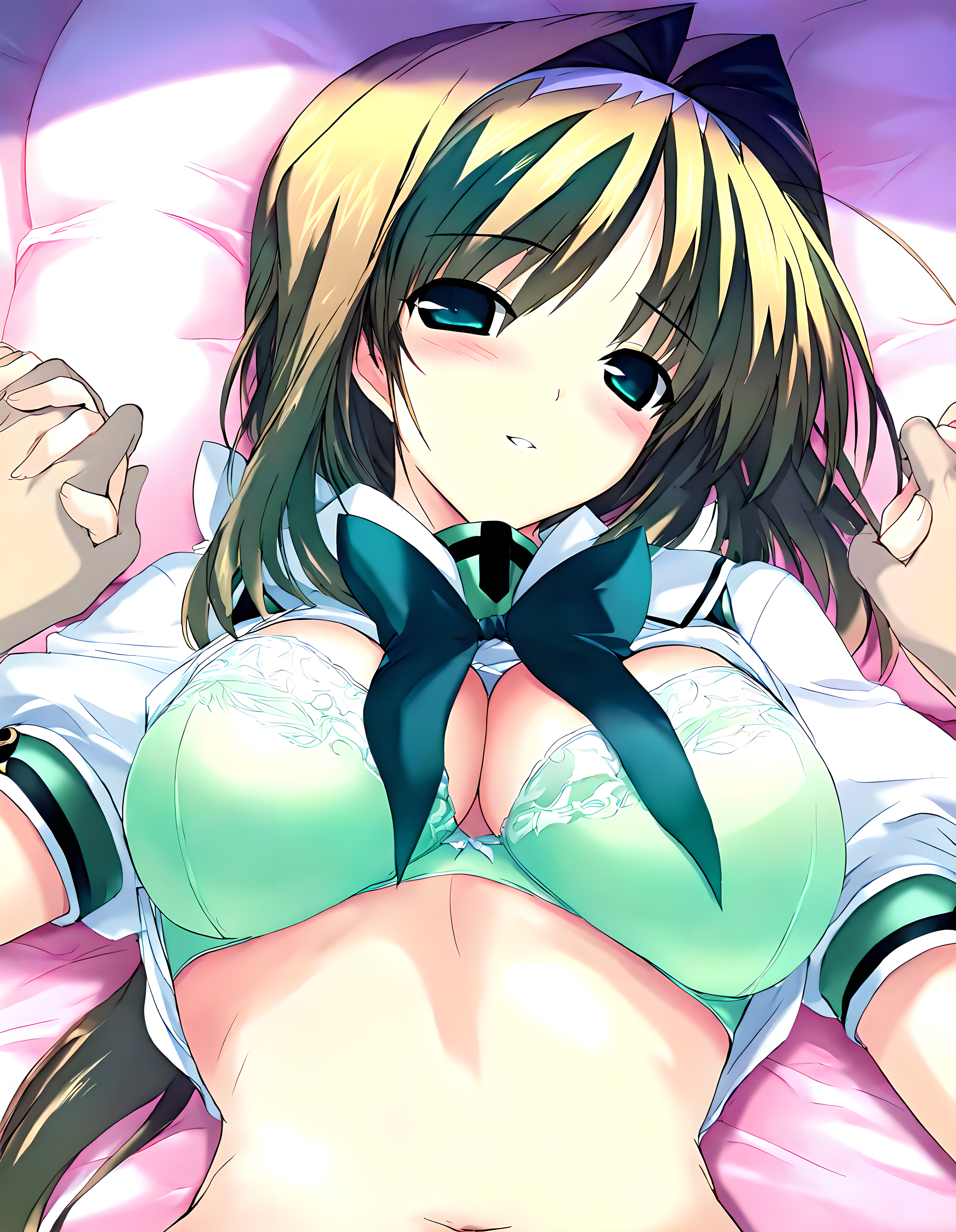 <lora:illustrious_XL_takamori:0.9>,takamori,masterpiece,best quality,good quality,1girl,solo,hair intakes,collarbonea,cleavage,navel,school_uniform,shirt_lift,bowgreen,green bra,on back,holding hands,upper_body,looking_at_viewer,front view,from_above,kind_smile,blush,