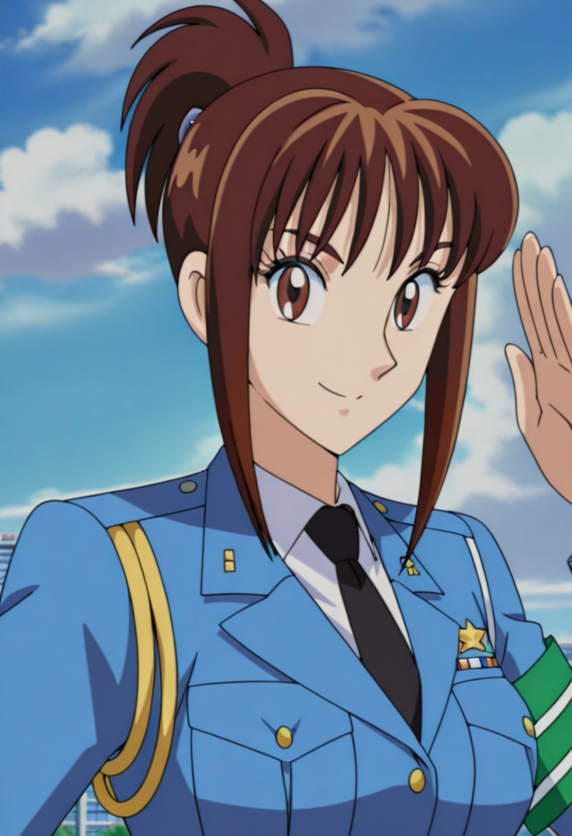 masterpiece, anime screencap, anime coloring, official style,
1girl, solo,
(kochikame,Matoi Giboshi,brown hair, brown eyes, ponytail, police uniform, police, uniform, policewoman, necktie, armband),smile,
looking at viewer, smile,salute