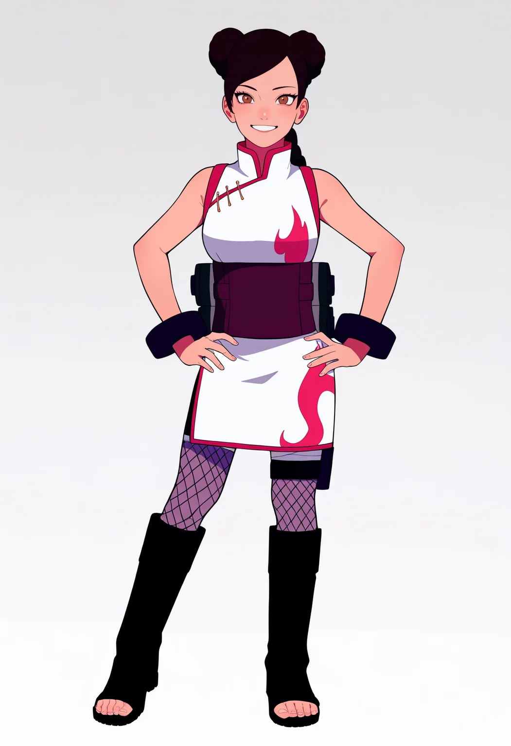 best quality, amazing quality, very aesthetic, absurdres,
BREAK
1girl, tenten, 
double bun, hair bun, brown hair, brown eyes, single braid,
chinese clothes, sleeveless, china dress, bare shoulders,
fishnets, toeless boots, bracelet,
hands on hips, full body, standing,
smile, looking at viewer, solo, simple background, white background,   <lora:TentenTheLastNoobXL_byKonan:1>