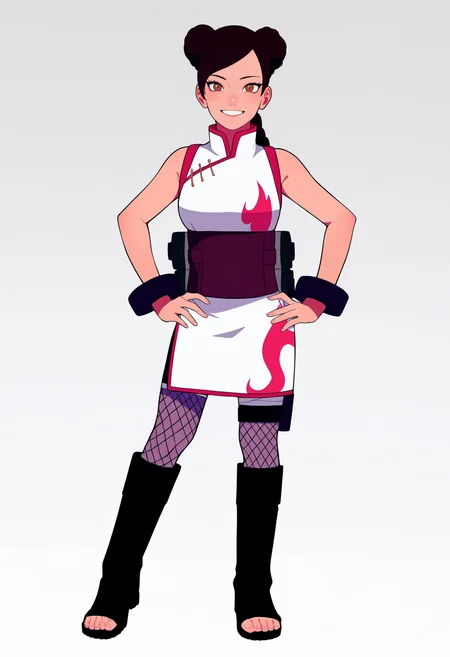 best quality, amazing quality, very aesthetic, absurdres,
BREAK
1girl, tenten,
double bun, hair bun, brown hair, brown eyes, single braid,
chinese clothes, sleeveless, china dress, bare shoulders,
fishnets, toeless boots, bracelet,
hands on hips, full body, standing,
smile, looking at viewer, solo, simple background, white background, <lora:TentenTheLastNoobXL_byKonan:1>