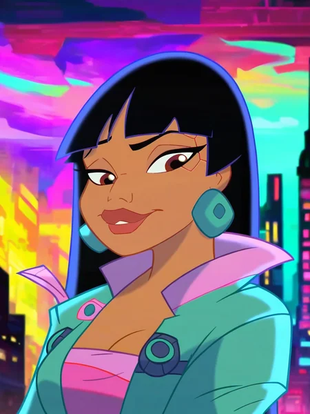 <lora:Chel_ElDorado-000015:0.7> sh_el, 1girl, black hair, brown eyes, tanned skin, jade braslet,     ((cyberpunk outfit)), night city background, score_9, score_8_up, score_7_up,
