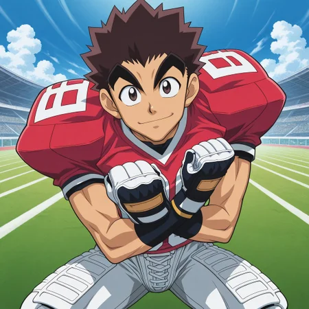 official art, male, High Quality, perfect anatomy, HD, anime style, break
TAROU RAIMON, 1boy, alone, brown hair,  thick eyebrows, dark brown eyes, athletic build, smiling, posing, looking at viewer, football uniform, tight uniform, red and white uniform, football field, squating,