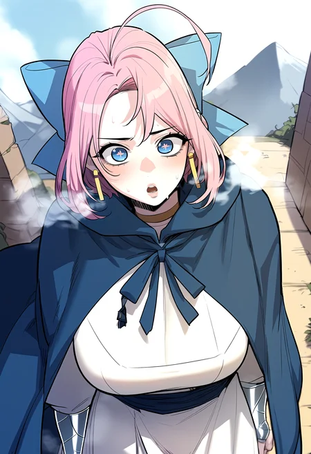 score_9, score_8_up, score_7_up, score_6_up, source_anime, rating_explicit, <lora:neg4all_bdsqlsz_V3.5:2.0>1girl, (solo:1.1), huge breasts, <lora:Ellahanponyxl:1> pink hair, blue eyes, ahoge, earrings, jewelry, symbol-shaped pupils, hair bow, blue bow, short hair, blue cape, cloak, white dress, surprised, Narrow shoulders, heavy breathing, steaming body, mountain, outdoors, looking at viewer