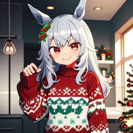 (OguriCap,solo, horse ears, 1girl, evil smile, looking at viewer), christmassweater, christmas, , long hair, red eyes, sweater, long sleeves, pants, indoors ,world_christmassweater-20, kanikama, (simple back ground : 0.6) , mesugaki , silver hair , hair ornament