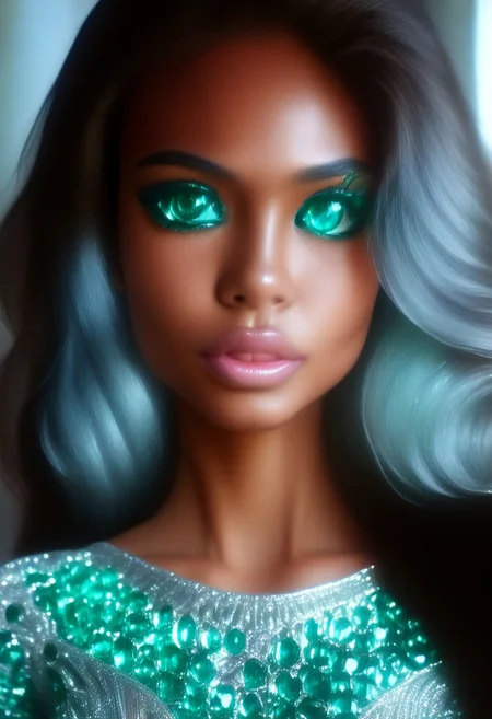 Cambodian woman, asian features, long hair, huge boobs, small waist, fitness body, toned muscle, wide hips, An extreme photorealistic upper body shot of a cat girl with mesmerizing golden eyes and slit pupils. She has long, flowing two-tone hair, white and black, with striking, unrealistic beauty. Her pink lips curve slightly to reveal sharp fangs, and her long fingernails are a key feature of her sleek cat suit. Include tiny imperfections like pores, faint freckles, and slight skin texture variations to add realism. Realistic lip texture with soft lines, slight gloss, and natural color variation. Realistically detailed tear ducts, slightly moist, enhancing the natural appearance of the eyes. Faint, barely visible veins under the eyes, adding depth and authenticity to the skin. Individually rendered eyebrow hairs with natural variation in direction, length, and thickness. Variation in hair strand thickness, with some thinner and finer than others. Detailed texture on the cat suit, showing the weave or material pattern, such as leather, spandex, or velvet. Shadows that move with the character, responding to her position and the light source accurately, 28 YEARS OLD, wrinkles, cat girl, crystal, gem, sparkle, YELLOW EYES, CAT EYES, denise, catgirl, Gothic castle, lively, luminescent, Majestic castle, big eyes, (EmeraldMorphSDXL:2.9).