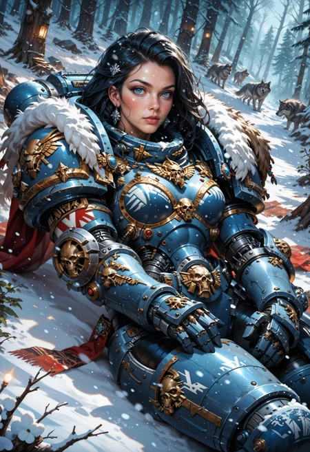 (score_9, score_8_up), score_7_up, <lora:PonySpaceW40K:1> SpaceW40K, 1girl, wearing power armor, black hair, laying in the forest, on snow, from above, snowflakes, beautiful lights, vikings, wolf