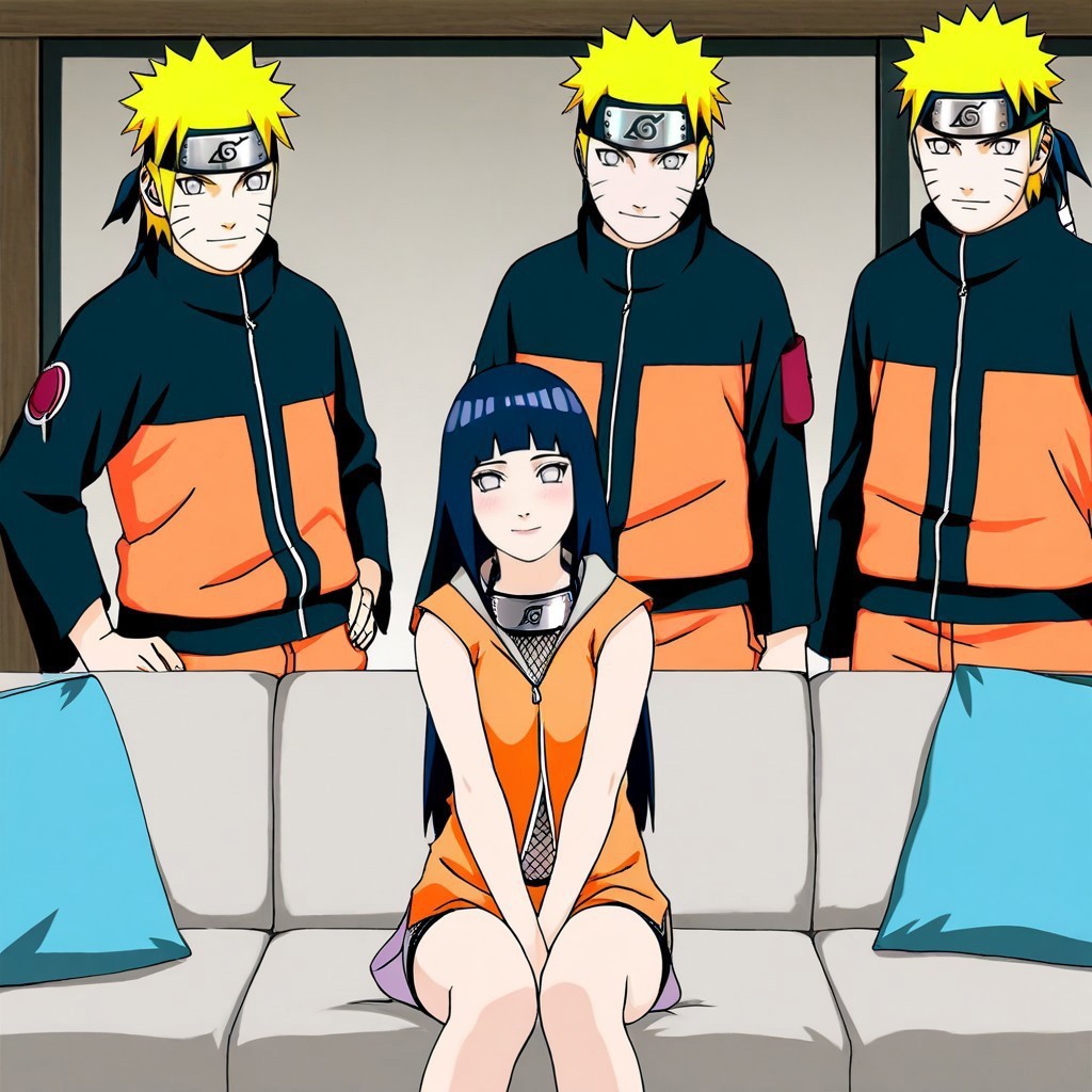 masterpiece, best quality, newest, absurdres, highres, anime, anime style, PiperPerriMemeIL-V1.0, BREAK 1girl, sitting, sitting on couch hinata_hyuuga, hinata/(naruto/), long hair, white eyes, black hair, BREAK multiple boys, standing, naruto/(naruto/), blonde hair, spiky hair, orange shirt,