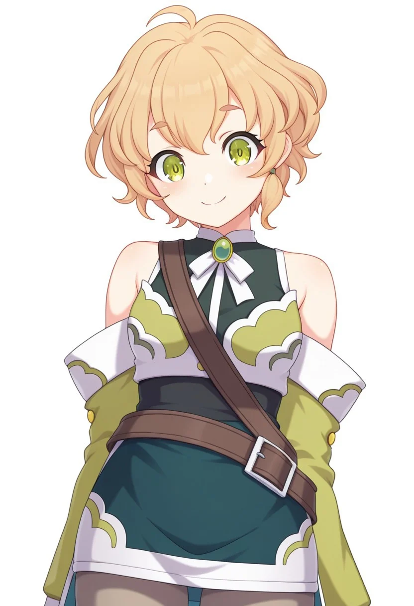 (highly detailed), masterpiece, best quality, amazing quality, eyes focus, simple background, white background, Cielo-Liver020, 1girl, green bra, solo, small breasts, bra ornamets, blonde hair, short hair, pantyhose, green sleeves, bare shoulders, dress, brow belt, green tunic, skirt, green eyes, long sleeves, ornaments, white bow, green eyes, cute smile, upper body