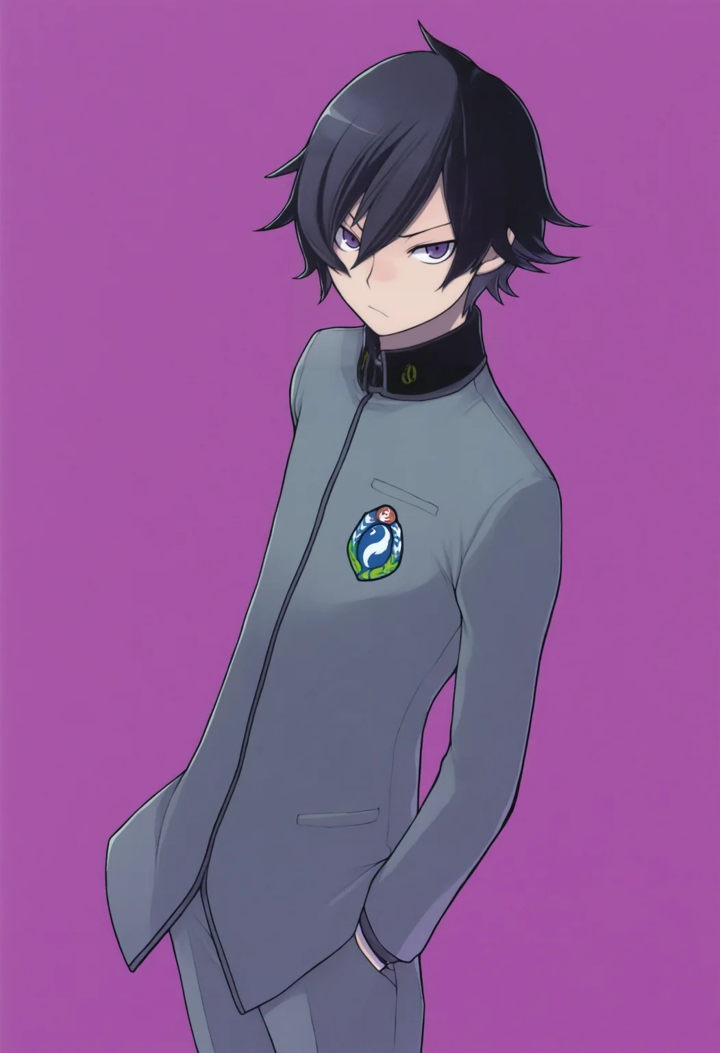 masterpiece, best quality, solo, 1boy, looking at viewer, <lora:Yasuda-Suzuhito-illus_Fp:1>, <lora:Naoya-illus_Fp:1>, naoyap1, black hair, purple eyes, school uniform, emblem, grey pants,