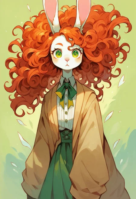 score_9, score_8_up, score_8,
rabbit girl,furry, redhead, green eyes, white rabbit ears, wind in hair, solo, add detailed eyes, long curly hair,