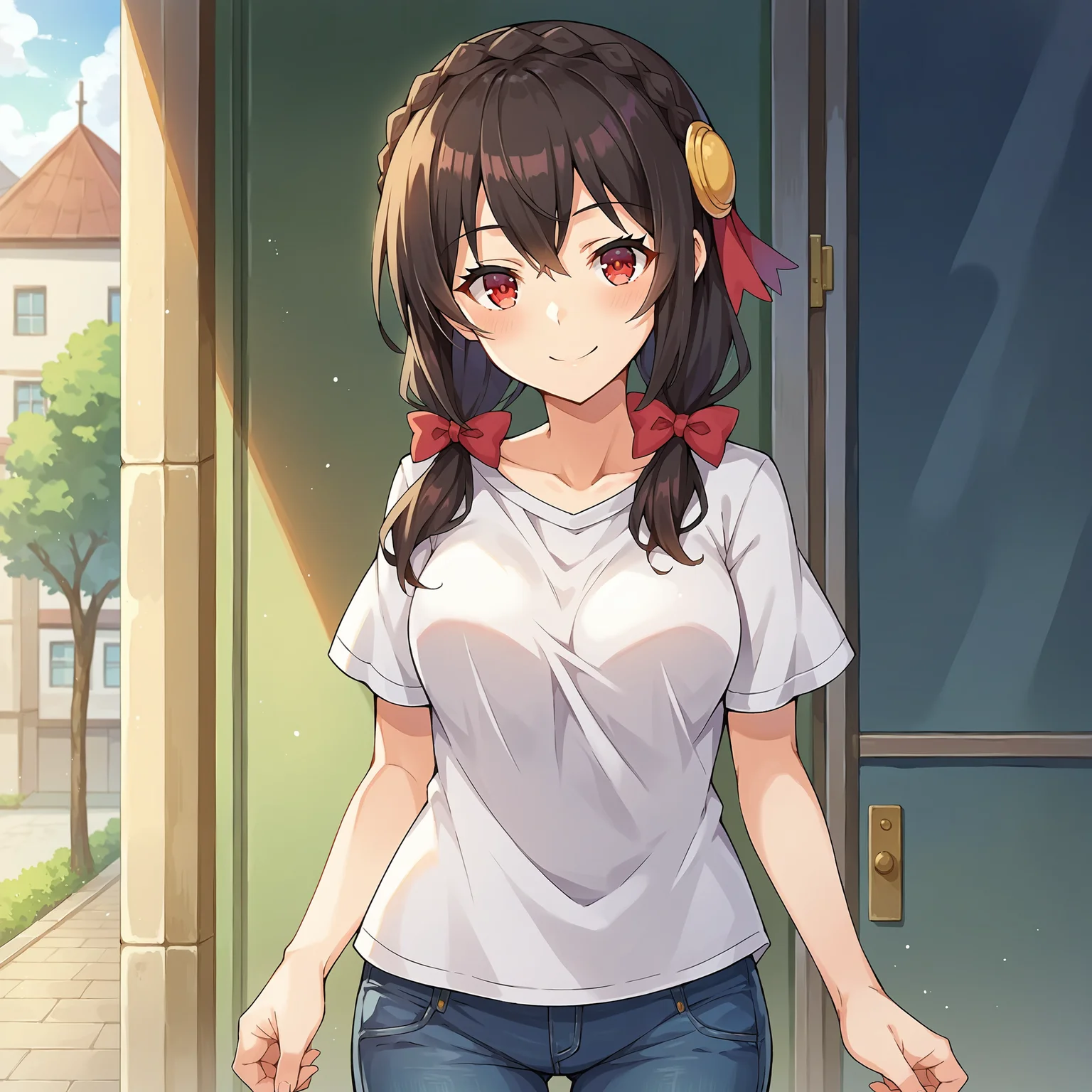 score_9, score_8_up, score_7_up, score_6_up, score_5_up, score_4_up, BREAK source_anime,POV,city,outdoor,smile,standing,solo,<lora:Yunyun_V1:0.8>yunyun, black hair, hair ornament, red eyes,hair bow,red bow, crown braid,white t-shirt,short sleeves,jeans,denim