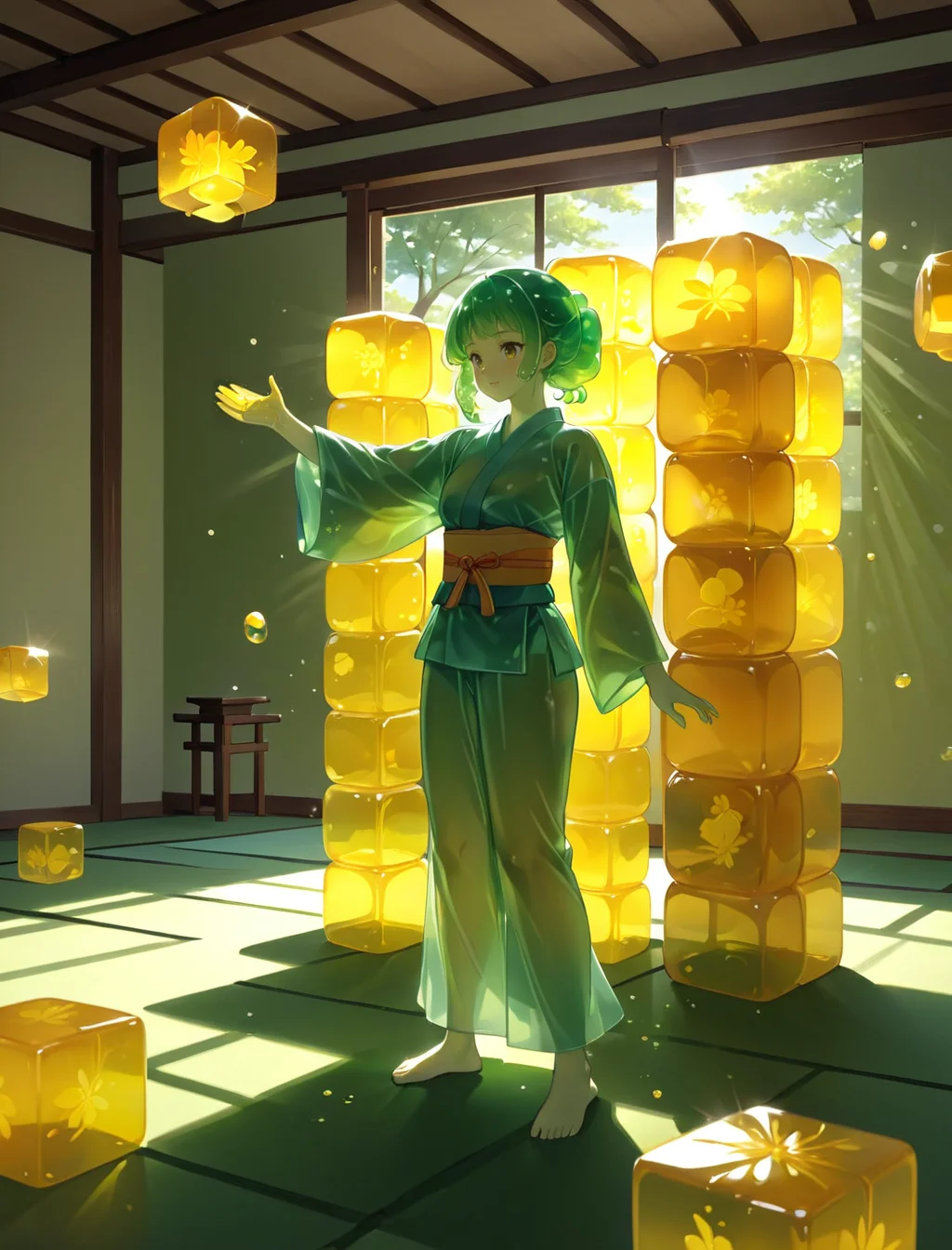 <lora:SDXL_neg4all xl v9.1:1>, <lora:sss:1>, (translucent) cute jelly girl in kimono, in a dojo, practicing karate, (stand user, summoning yellow jelly cubes), artist study hands, on sunny summer day, subsurface scattering, ray tracing, partially transparent skin, intricate, best quality, professional illustration, dynamic