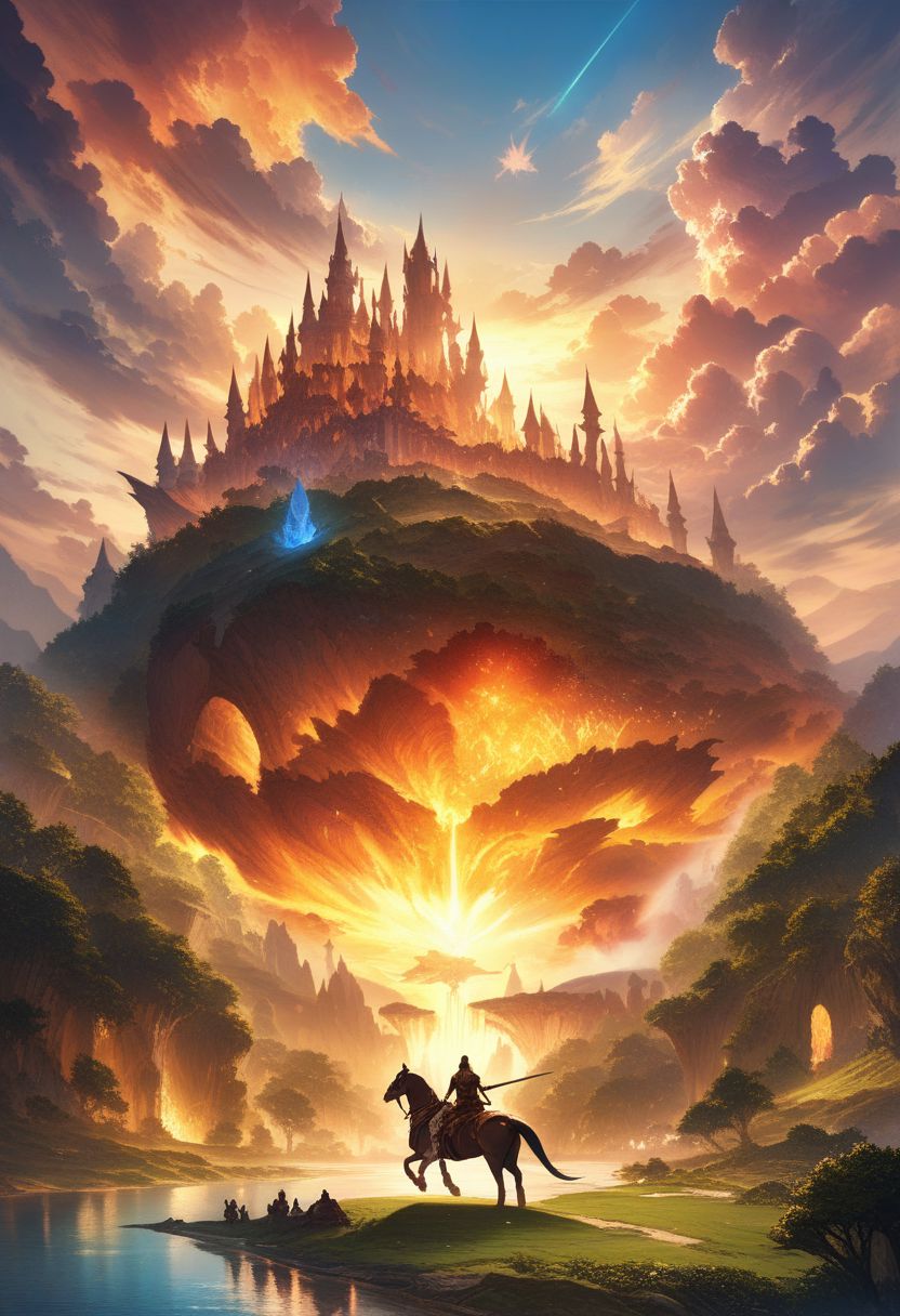 ((High Fantasy realm)), A breathtaking high fantasy landscape filled with towering castles, lush forests, and serene lakes. A dragon soars above, breathing fire onto the ground below. In the distance, knights on horseback charge towards a battle, while a group of magical beings gather around a mystical stone pedestal. The sky is filled with clouds and a golden sunset, casting a warm light on the entire realm.