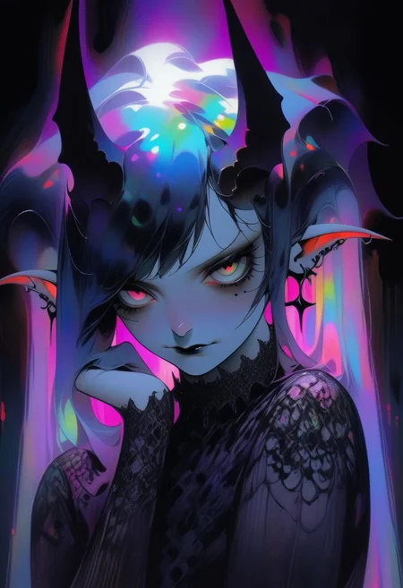 pale demon girl , prismatic coloring, holographic vibe, chromatic black lace blouse, gothic background, (long straight horns:1.2)