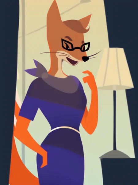 score_9, score_8_up, score_7_up, score_6_up, score_5_up, score_4_up , 1girl, solo, SDFoxie, glasses, purple dress, lamp, detailed face, detailed eyes, detailed background, <lora:foxie-v2:1>