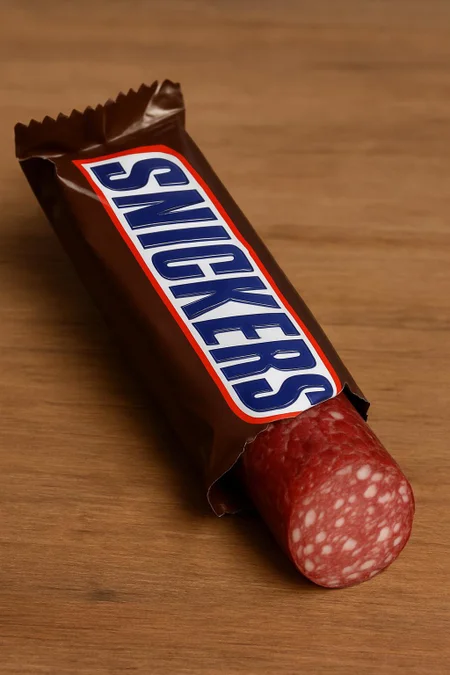 Snickers bar, except it's salami coming out of the wrapper