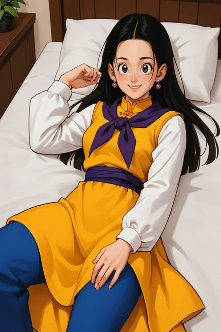 zPDXL3, <lora:chichi_pony_v2:.5>,
chi-chi, black hair, black eyes, long sidelocks, long hair, earrings, purple neckerchief, long sleeves, yellow dress, white sleeves, blue pants, purple sash, looking at viewer, smiling, lying, on back, on bed, from above,