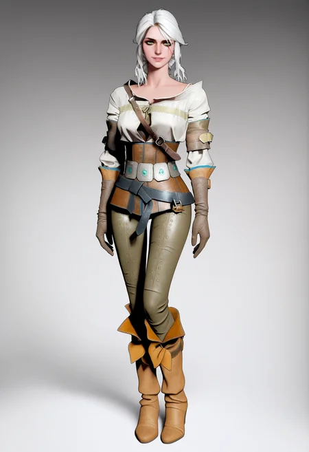 masterpiece, best quality, very aesthetic, absurdres,
1girl, ciri, white hair, green eyes,
scar across eye,
belt, leather gloves, leather pants, white shirt,
full body, standing,
smile, solo, looking at viewer, simple background, white background, <lora:CiriNoobXL_byKonan:1>