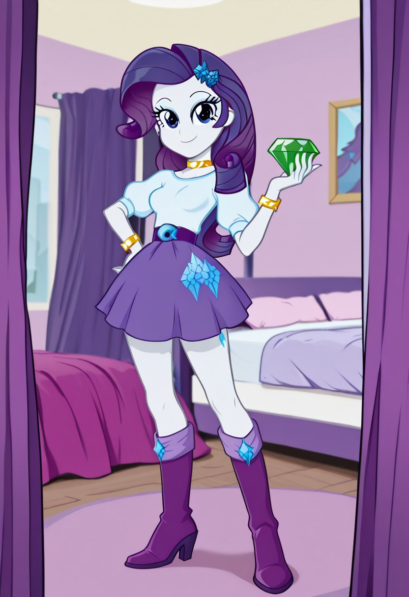 lazypos, masterpiece, best quality, amazing quality,detailed eyes, hi res, Bedroom, detailed background, very pretty, diamond bedroom, pink bedroom, Rarity, mlp, show accurate, equestria girls, bracelet, purple hair, white skin, blue eyes, hair ornament high heel boots, jewelry, white top, , puff sleeves, belt, cutie mark purple skirt, purple boots, smile, hand on hip, bedroom eyes, detailed, GLeyecatch, chaos emerald, holding, gem, holding gem