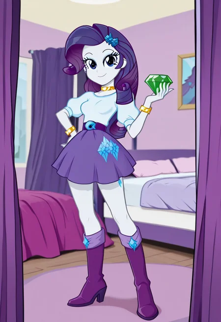 lazypos, masterpiece, best quality, amazing quality,detailed eyes, hi res, Bedroom, detailed background, very pretty, diamond bedroom, pink bedroom, Rarity, mlp, show accurate, equestria girls, bracelet, purple hair, white skin, blue eyes, hair ornament high heel boots, jewelry, white top, , puff sleeves, belt, cutie mark purple skirt, purple boots, smile, hand on hip, bedroom eyes, detailed, GLeyecatch, chaos emerald, holding, gem, holding gem