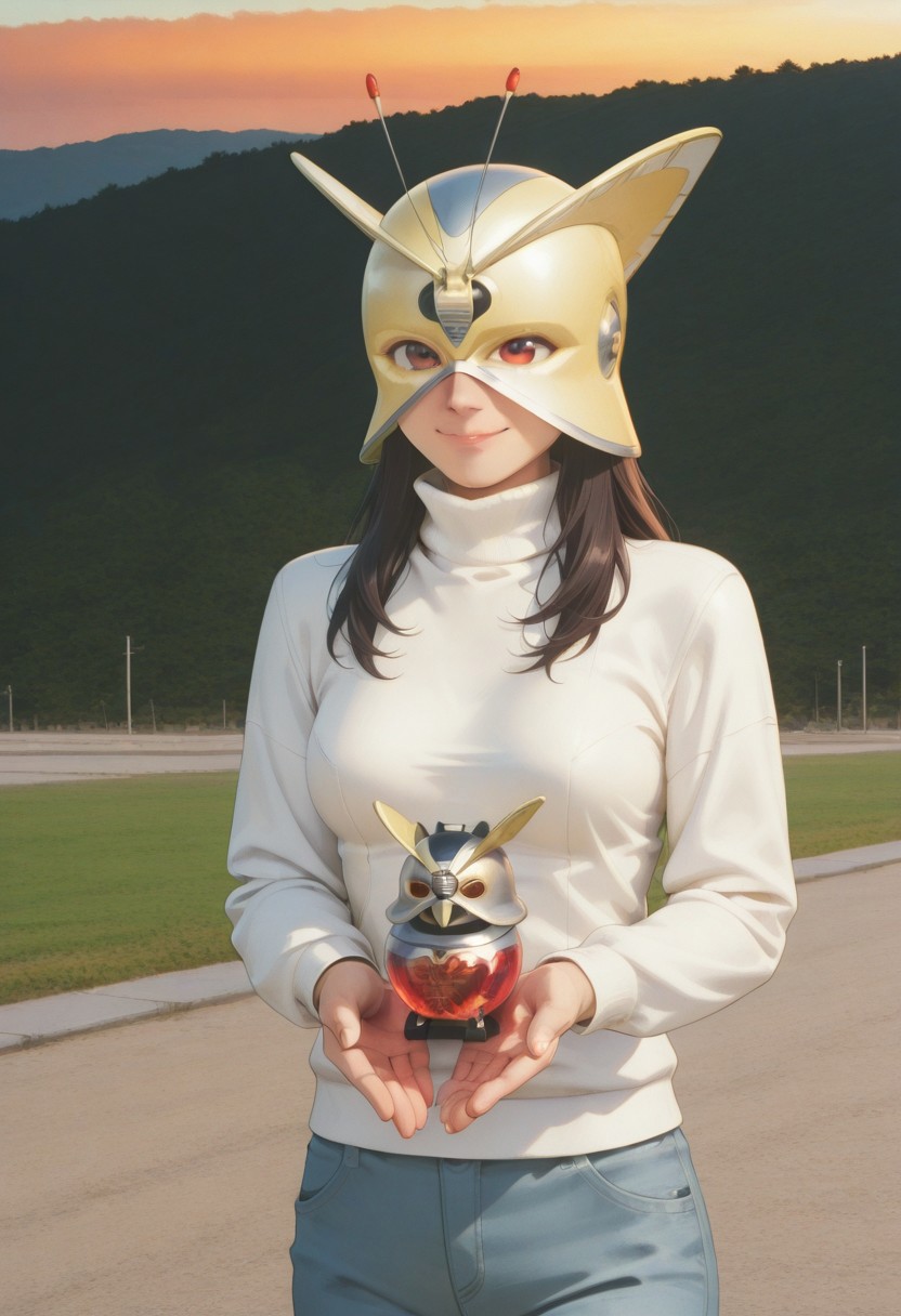 anime screencap, anime coloring,
solo, 1girl, cowboy shot 
dark hair, long hair, medium breasts, smile, nose,  (covered neck), BREAK
A9eha, white sweater, turtle neck, long sleeves, white sleeves, extend hands, small KomanVois, (helmet:1.2), antennae, head covered by helmet, helmet covering,
outdoors, road, sunset, dramatic lighting
<lora:DetailedPerfect_hands_r1:1>    <lora:coveredneck_v1-000006:0.8>