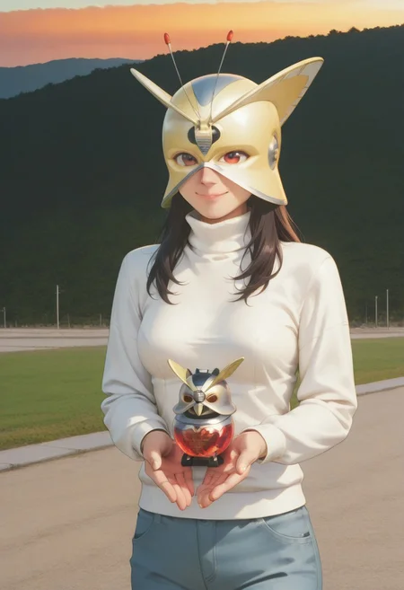 anime screencap, anime coloring,
solo, 1girl, cowboy shot
dark hair, long hair, medium breasts, smile, nose, (covered neck), BREAK
A9eha, white sweater, turtle neck, long sleeves, white sleeves, extend hands, small KomanVois, (helmet:1.2), antennae, head covered by helmet, helmet covering,
outdoors, road, sunset, dramatic lighting
<lora:DetailedPerfect_hands_r1:1> <lora:coveredneck_v1-000006:0.8>