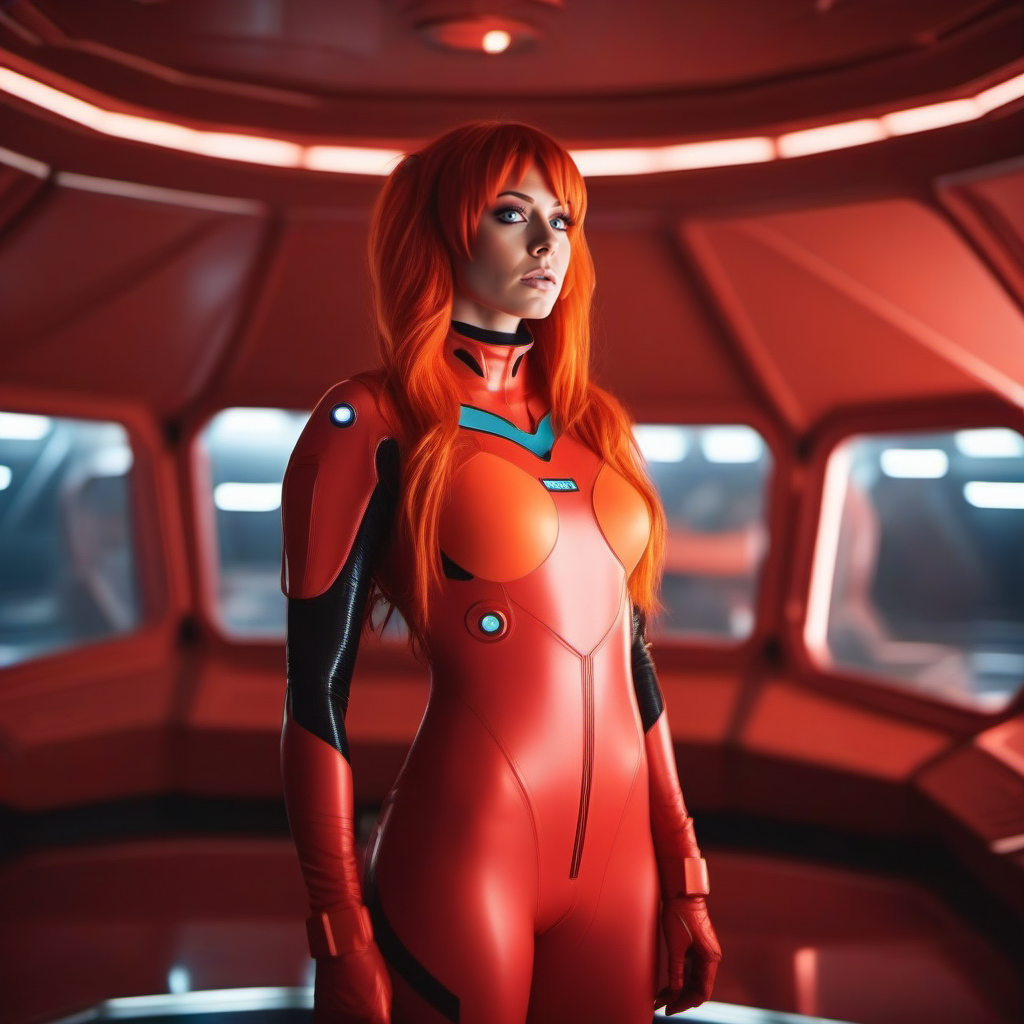 cinematic photo a full body woman, red plugsuit, blue eyes, orange hair, in a spaceship  <lora:Asuka1024:0.8> . 35mm photograph, film, bokeh, professional, 4k, highly detailed